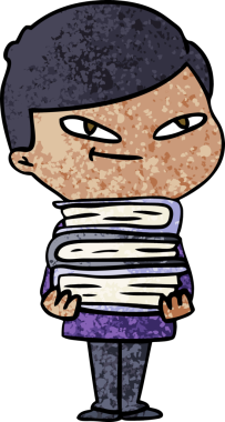 Bir insan tarafından çizilmiş kitapları olan çizgi film çocuğu.