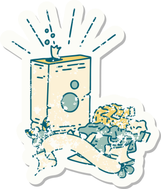 Dövme stili eski bir çıkartma deterjan ve bir insan tarafından çizilmiş elbise yığını.