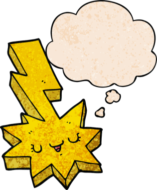 Bir insan tarafından çizilmiş grunge desenli düşünce baloncuğu olan çizgi film yıldırımı.