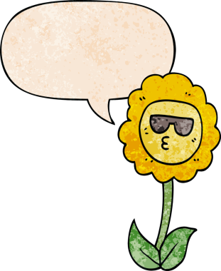 Konuşma baloncuğu olan karikatür çiçeği insan tarafından çizilmiş eski moda dokular.