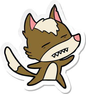 Bir insan tarafından çizilmiş dans ederken dişlerini gösteren bir kurt çizgi film çıkartması.