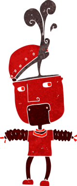 Bir insan tarafından çizilmiş açık kafalı komik çizgi film robotu.