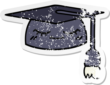 Bir insan tarafından çizilmiş şirin bir çizgi film mezuniyet şapkasının sıkıntılı çıkartması.