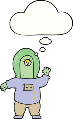 Bir insan tarafından çizilmiş düşünce baloncuğu olan bir uzaylı çizgi filmi.