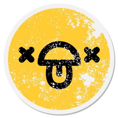 Bir insan tarafından çizilmiş dairesel dil etiketi çıkartılan sevimli ölü yüz.