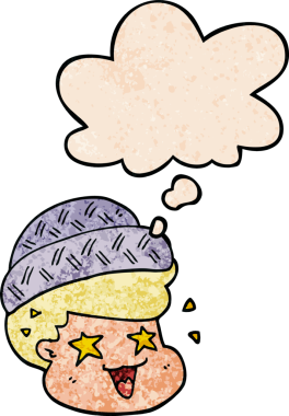 Düşünce baloncuklu şapkalı çizgi film çocuğu bir insan tarafından çizilmiş grunge desenli.