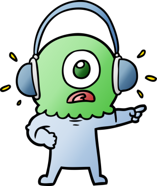 Çizgi film Tepegöz uzaylı uzay adamı bir insan tarafından çizilmiş kulaklık takıyor.