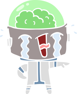 Bir insan tarafından çizilmiş düz renkli karikatür ağlayan robot.