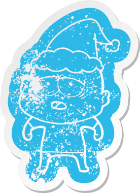 Bir insan tarafından çizilmiş Noel Baba şapkası giyen yorgun ve kel bir adamın garip karikatürü.