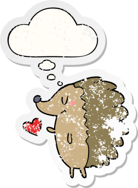 Düşünce baloncuğu olan şirin bir kirpi çizgi film karakteri insan tarafından çizilmiş yıpranmış bir çıkartma gibi.