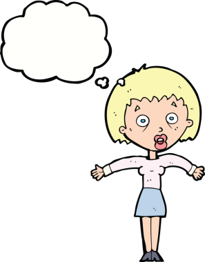 Bir insan tarafından çizilmiş düşünce baloncuğuyla omuz silken çizgi film kadını.