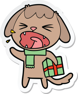 Bir insan tarafından çizilmiş Noel hediyeli şirin bir köpeğin çıkartması.