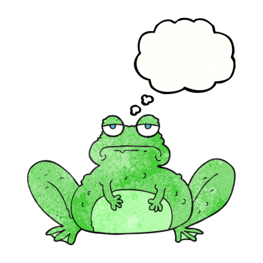 Bir insan tarafından çizilmiş serbest çizim düşünce balonu desenli karikatür kurbağası.