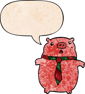 Bir insan tarafından çizilmiş, konuşma baloncuklu ofis kravatlı çizgi film domuzu.