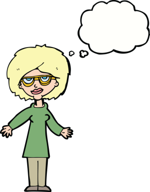 Bir insan tarafından çizilmiş düşünce balonlu gözlük takan çizgi film kadını.