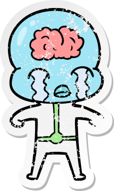 Bir çizgi filmin sıkıntılı çıkartması. Bir insan tarafından çizilmiş büyük beyinli uzaylı ağlaması.