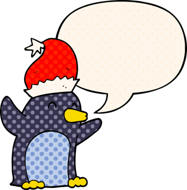 Bir insan tarafından çizilmiş çizgi roman tarzında konuşma balonu olan şirin bir penguen.