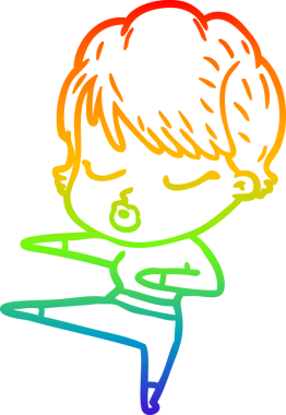 Gökkuşağı gradyan çizgi çizimi bir insan tarafından çizilmiş gözleri olan bir karikatür kadın