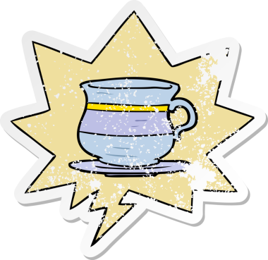 Bir insan tarafından çizilmiş sıkıntılı eski bir çıkartma, konuşma balonlu eski bir çay fincanı.