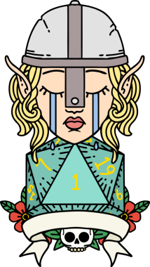 Retro Dövme Tarzı Ağlayan Elf Savaşçısı karakteri yüzü ve bir insan tarafından çizilmiş D20 rulosu.