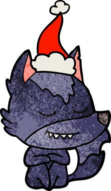 Bir insan tarafından çizilmiş Noel Baba şapkası giymiş bir kurt resmi.