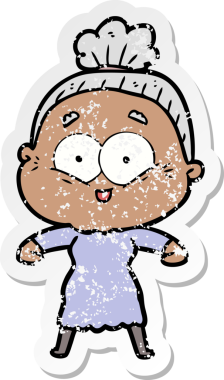 Bir insan tarafından çizilmiş mutlu, yaşlı bir kadının sıkıntılı çıkartması.