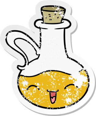 Bir insan tarafından çizilmiş mutlu bir şişe zeytinyağının sıkıntılı çıkartması.