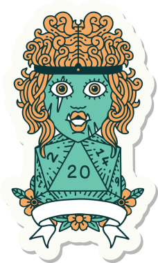 Bir insan tarafından çizilmiş doğal 20 zarlı yarı ork barbar bir karakterin çıkartması.