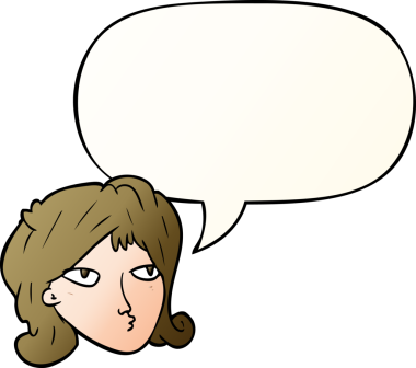 Bir insan tarafından çizilmiş, konuşma baloncuklu karikatür kadın.