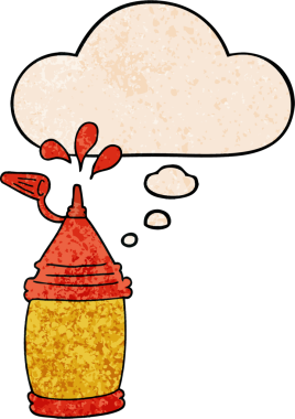 Bir insan tarafından çizilmiş grunge desenli düşünce baloncuklu ketçap şişesi.