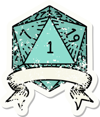 Bir insan tarafından çizilmiş doğal bir d20 zarının grunge çıkartması.