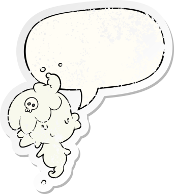 Konuşma baloncuğu olan tatlı bir hayalet kız. Bir insan tarafından çizilmiş sıkıntılı eski bir çıkartma.