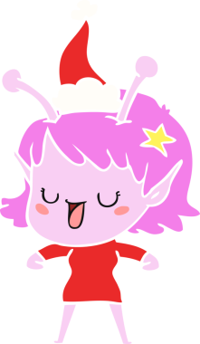 Mutlu uzaylı kız el çizimi bir insan tarafından çizilmiş Noel Baba şapkasının düz renk çizimi