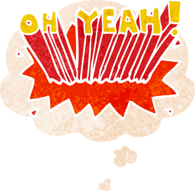 Çizgi film metni. Evet! Düşünce baloncuğu ile grunge sıkıntı retro dokuma tarzı bir insan tarafından çizilmiş