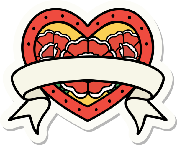 Geleneksel kalp stili dövme çıkartması ve bir insan tarafından çizilmiş çiçekli pankart.