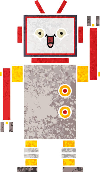Bir insan tarafından çizilmiş mutlu bir robotun retro çizim tarzı karikatürü