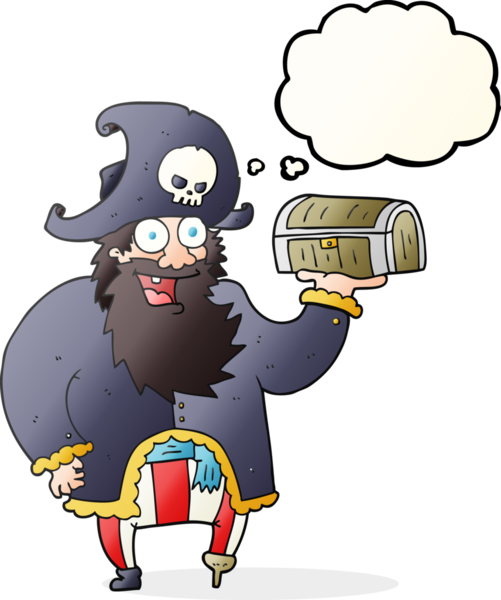 Bir insan tarafından çizilmiş hazine sandığı olan serbest çizim balon karikatür korsan kaptanı.