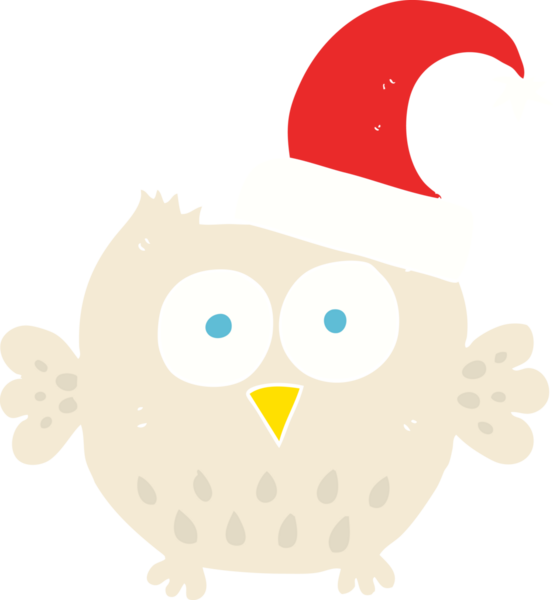 Bir insan tarafından çizilmiş Noel şapkası takan küçük baykuşun düz renk çizimi