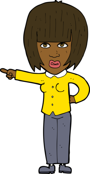 Bir insan tarafından çizilmiş kızgın bir kadını işaret eden çizgi film.