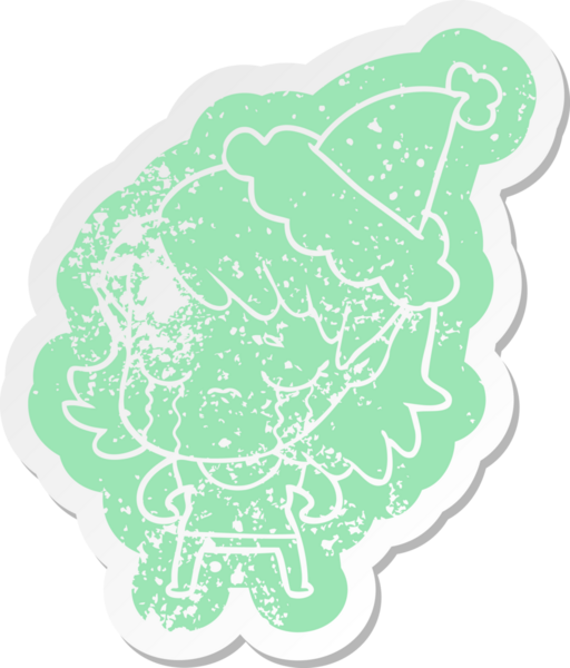 Garip bir çizgi film, Noel Baba şapkası takan, ağlayan bir elf kızının insan tarafından çizilmiş çıkartması.