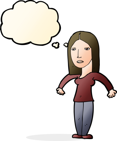 Bir insan tarafından çizilmiş düşünce baloncuğuyla rahatsız bir kadın.
