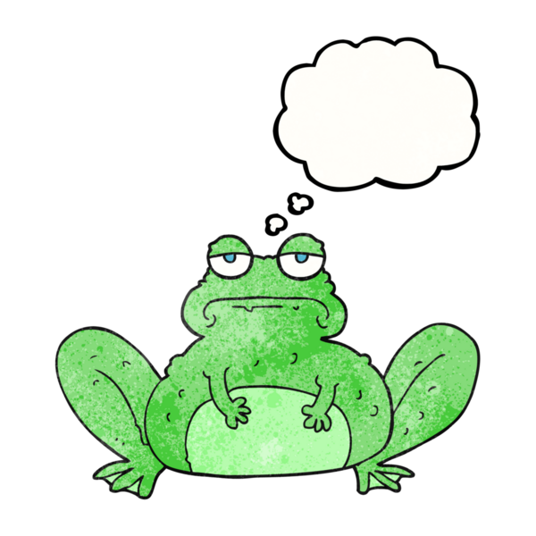 Bir insan tarafından çizilmiş serbest çizim düşünce balonu desenli karikatür kurbağası.