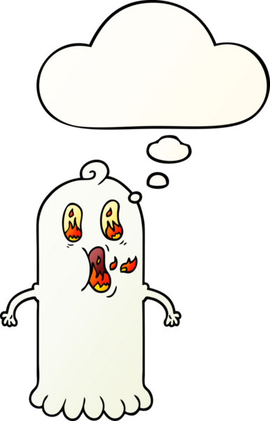 Yanan gözlü çizgi film hayaleti. Düşünce baloncuğu insan tarafından çizilmiş.