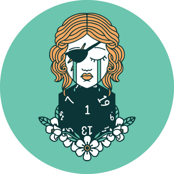 Bir insan tarafından çizilmiş doğal bir d20 rulo ile ağlayan insan düzenbazlığının simgesi