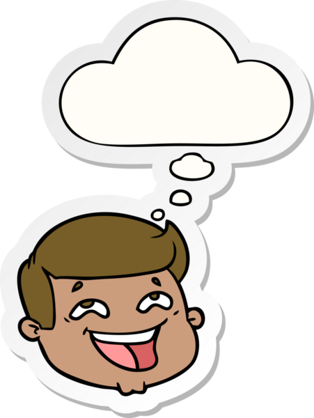 Mutlu karikatür erkek yüzü. Düşünce baloncuğu insan tarafından çizilmiş bir çıkartma.