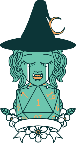 Retro Dövme Tarzı Ağlayan Yarı Ork Cadı Karakteri Bir insan tarafından çizilmiş doğal bir rulo