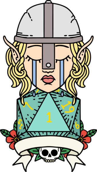 Retro Dövme Tarzı Ağlayan Elf Savaşçısı karakteri yüzü ve bir insan tarafından çizilmiş D20 rulosu.