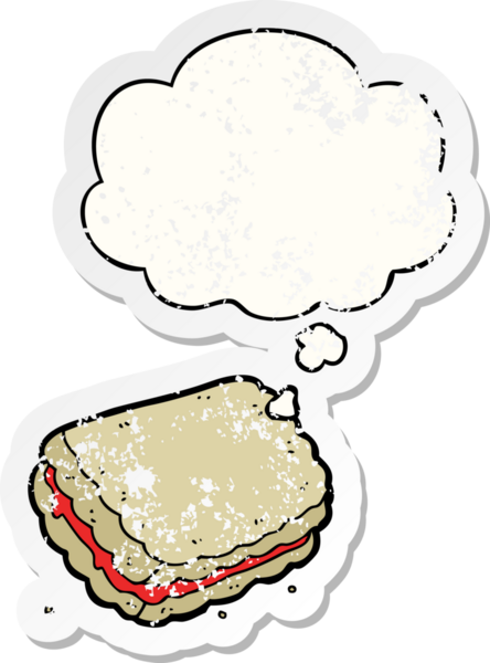 Düşünce baloncuklu çizgi film bisküvisi insan tarafından çizilmiş yıpranmış bir çıkartma.