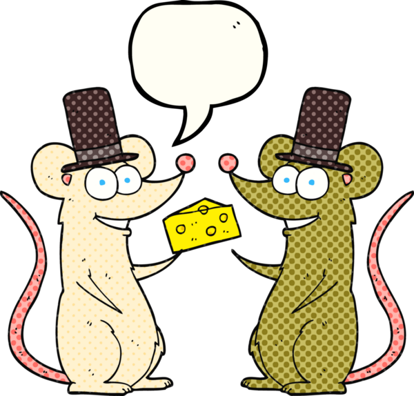 Bir insan tarafından çizilmiş peynirli çizgi roman konuşma balonu fareleri.