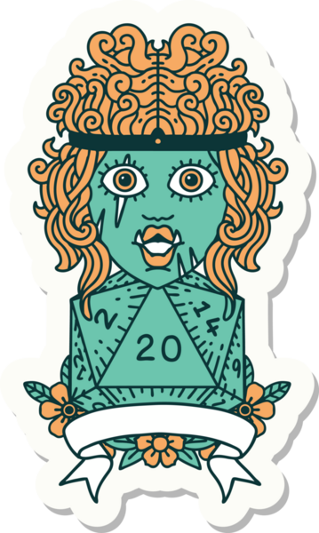 Bir insan tarafından çizilmiş doğal 20 zarlı yarı ork barbar bir karakterin çıkartması.